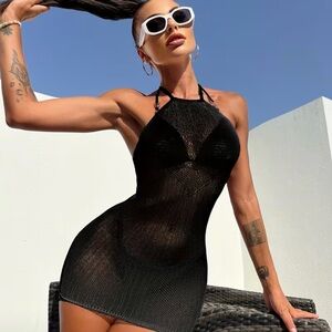 Sheer Black Halter Mini Dress, Cover Up